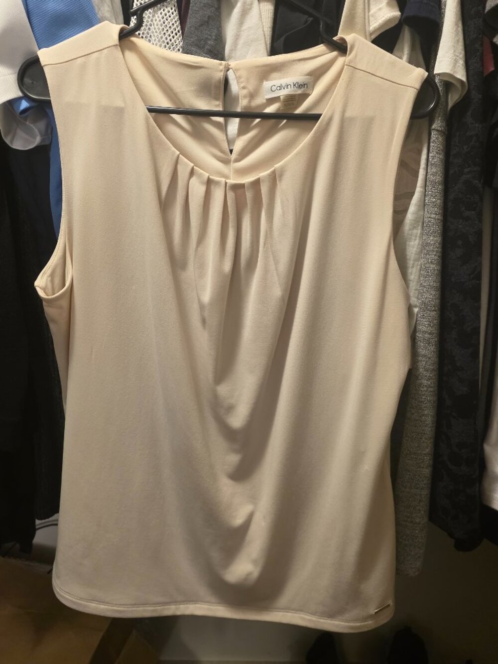 Calvin Klein Cream Pleated Neck Sleeveless Blouse